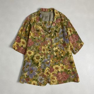 【半袖シャツ　総柄　オープンカラー　花　紫　ピンク　からし】(シャツ/ブラウス(半袖/袖なし))