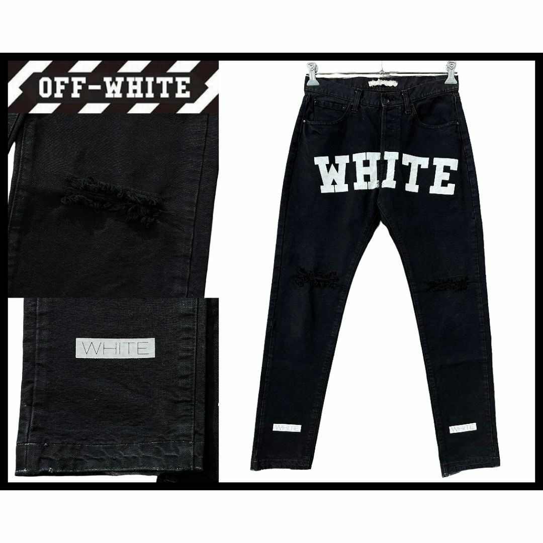 OFF-WHITE(オフホワイト)の初期 オフホワイト 15ss ロゴ ペンキ ニークラッシュ ブラック デニム L メンズのパンツ(デニム/ジーンズ)の商品写真