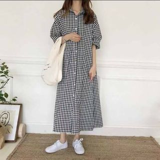 ロングシャツワンピース　マタニティ　半袖　前ボタン　チェック柄　韓国　春夏　Ｌ(ロングワンピース/マキシワンピース)