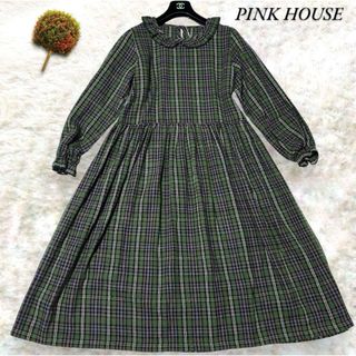 PINK HOUSE - ピンクハウス ロング ワンピース チェック ピコフリル フレア 綿  長袖 F