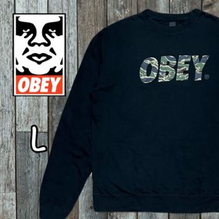 OBEY - OBEY オベイ メンズ スウェット トレーナー ロゴプリント 黒 迷彩柄 L