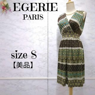 【美品】EGERIE　エジェリ　ノースリーブ　総柄　カシュクールドレスワンピース(ひざ丈ワンピース)