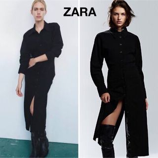 ザラ(ZARA)の美品 ZARA ロングシャツワンピース スリット 長袖(ロングワンピース/マキシワンピース)