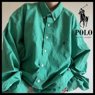 POLO RALPH LAUREN - 希少 90s ポロ ラルフローレン チェック シャツ 長袖 刺繍 ポニー 緑