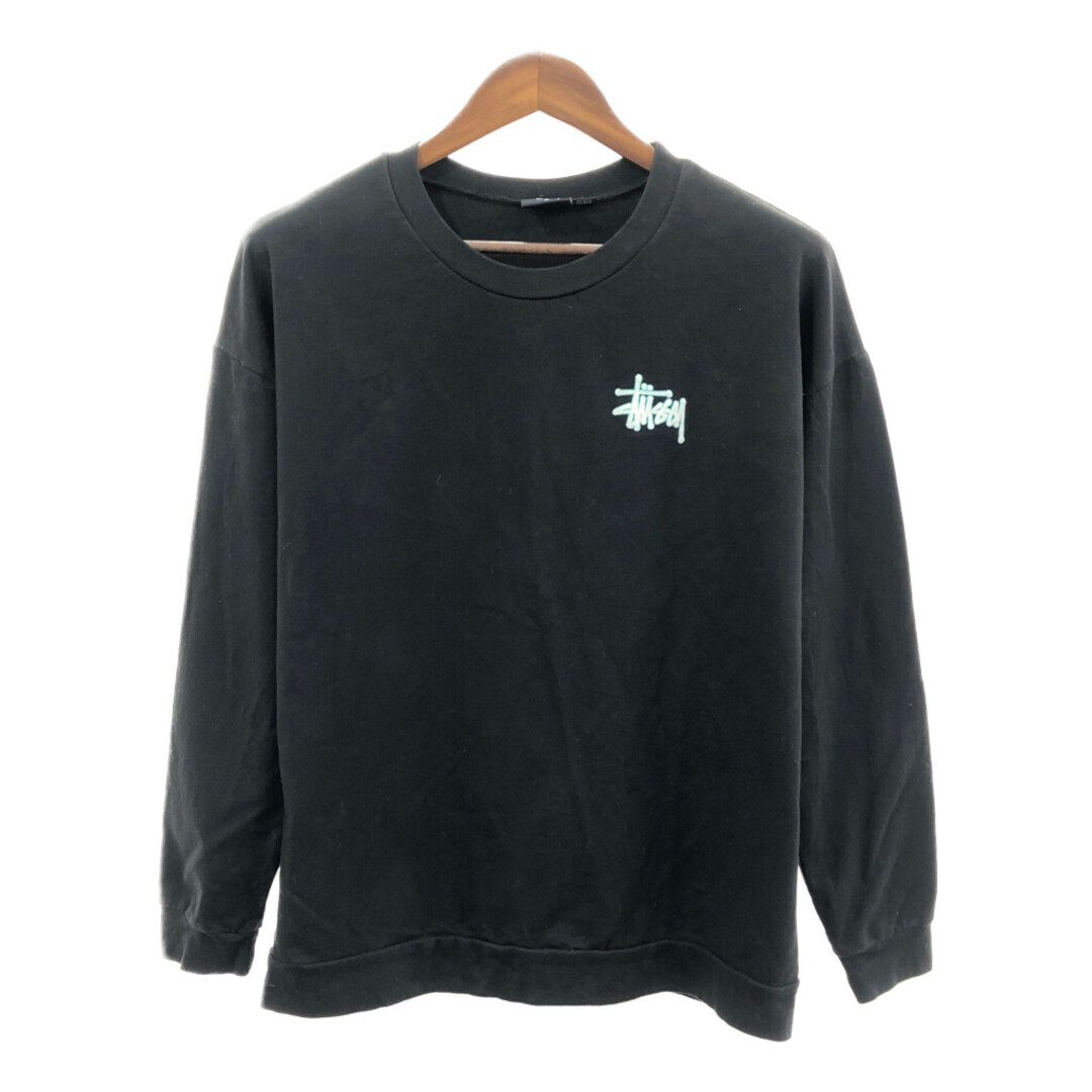 STUSSY(ステューシー)の2000年代～ USA製 STUSSY ステューシー クルーネック スウェット ワンポイントロゴ ブラック (メンズ Ｍ) 中古 古着 Q3736 メンズのトップス(スウェット)の商品写真