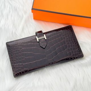 エルメス(Hermes)の箱付き【超極美品】エルメス　べアン　アリゲーター　シャイニーブラウン　T刻印(財布)