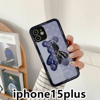 iphone15plusケース 可愛い　熊　ガラス軽量 耐衝撃ブルー126a(iPhoneケース)