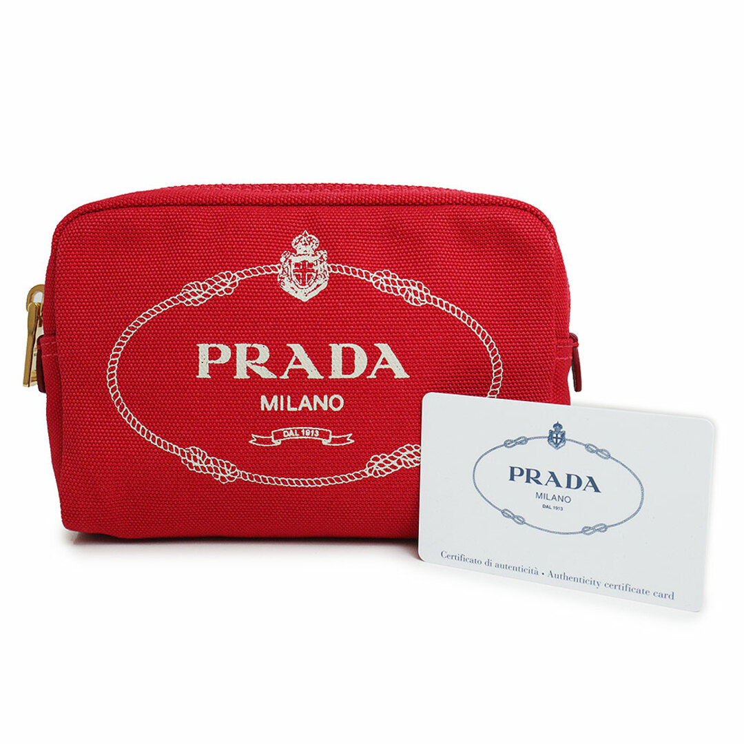 PRADA(プラダ)のプラダ カナパ ロゴ 化粧 コスメ ポーチ コットンキャンバス ロッソ レッド 赤 ゴールド金具 1NA021 PRADA（新品・未使用品） レディースのファッション小物(ポーチ)の商品写真