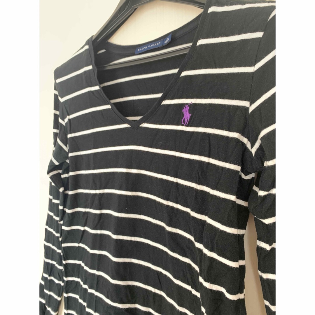 Ralph Lauren(ラルフローレン)のラルフローレン　長袖 Vネックカットソー ロンT/XS/ブラック黒ボーダー レディースのトップス(Tシャツ(長袖/七分))の商品写真