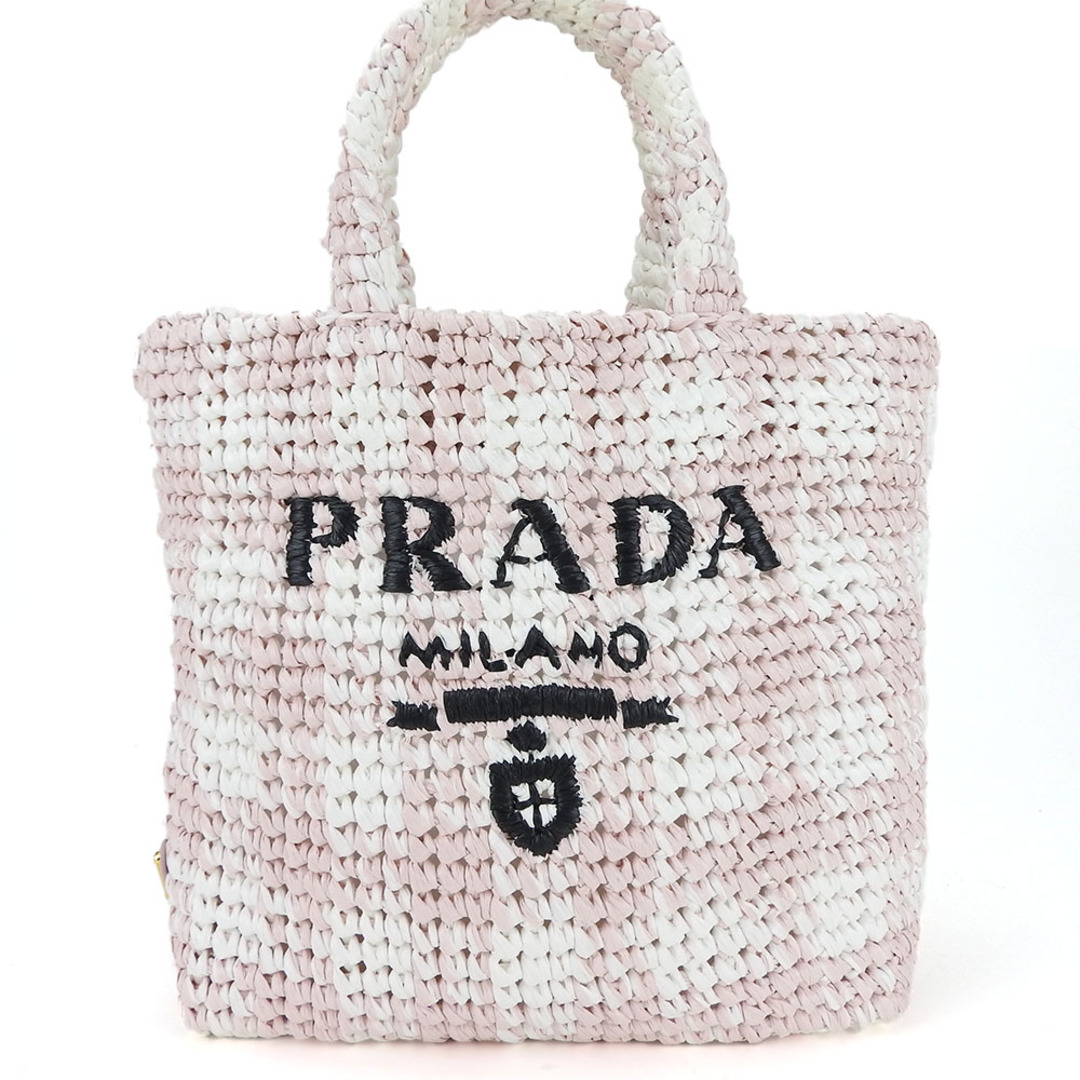 PRADA(プラダ)の【中古】 プラダ トートバッグ スモールクロシェ 1BG422 ラフィア ピンク ホワイト レディース 女性 PRADA レディースのバッグ(トートバッグ)の商品写真