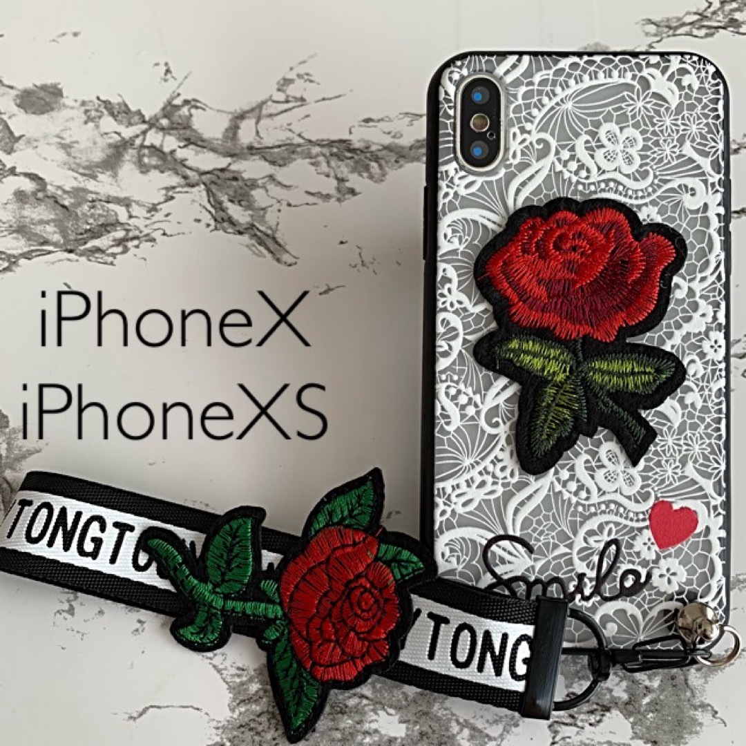 iPhoneX/iPhoneXS専用 ケースカバー ローズ刺繍ホワイト スマホ/家電/カメラのスマホアクセサリー(iPhoneケース)の商品写真