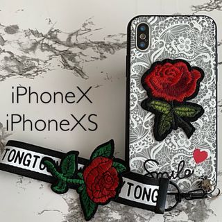 iPhoneX/iPhoneXS専用 ケースカバー ローズ刺繍ホワイト