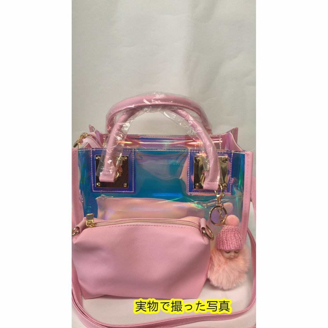 ピンククリアバッグ ポーチ付き鞄トートバッグ レディース ショルダーバッグ　新品 レディースのバッグ(ハンドバッグ)の商品写真