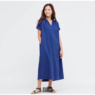 ユニクロ(UNIQLO)の【送料無料】【新品】ユニクロ リネン ブレンド カフタン ワンピース ブルー L(ロングワンピース/マキシワンピース)