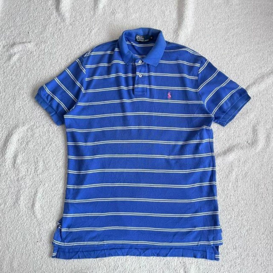 POLO RALPH LAUREN(ポロラルフローレン)の90s POLO ポロバイラルフローレン ボーダー ポロシャツ 青 コットン M メンズのトップス(ポロシャツ)の商品写真