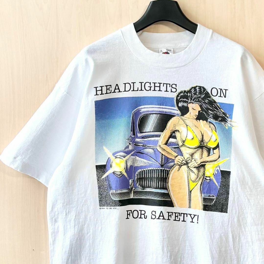 FRUIT OF THE LOOM(フルーツオブザルーム)の90s USA製古着　ヴィンテージ　Tシャツ　ビキニの美女と車　セクシー メンズのトップス(Tシャツ/カットソー(半袖/袖なし))の商品写真