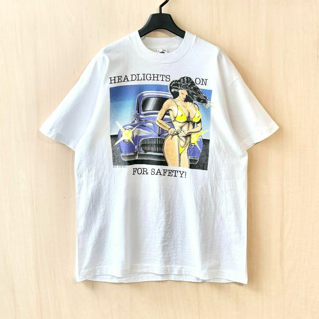 FRUIT OF THE LOOM(フルーツオブザルーム)の90s USA製古着　ヴィンテージ　Tシャツ　ビキニの美女と車　セクシー メンズのトップス(Tシャツ/カットソー(半袖/袖なし))の商品写真