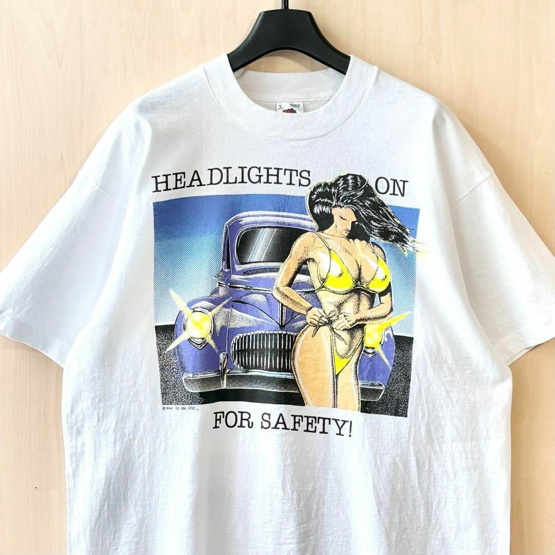 FRUIT OF THE LOOM(フルーツオブザルーム)の90s USA製古着　ヴィンテージ　Tシャツ　ビキニの美女と車　セクシー メンズのトップス(Tシャツ/カットソー(半袖/袖なし))の商品写真