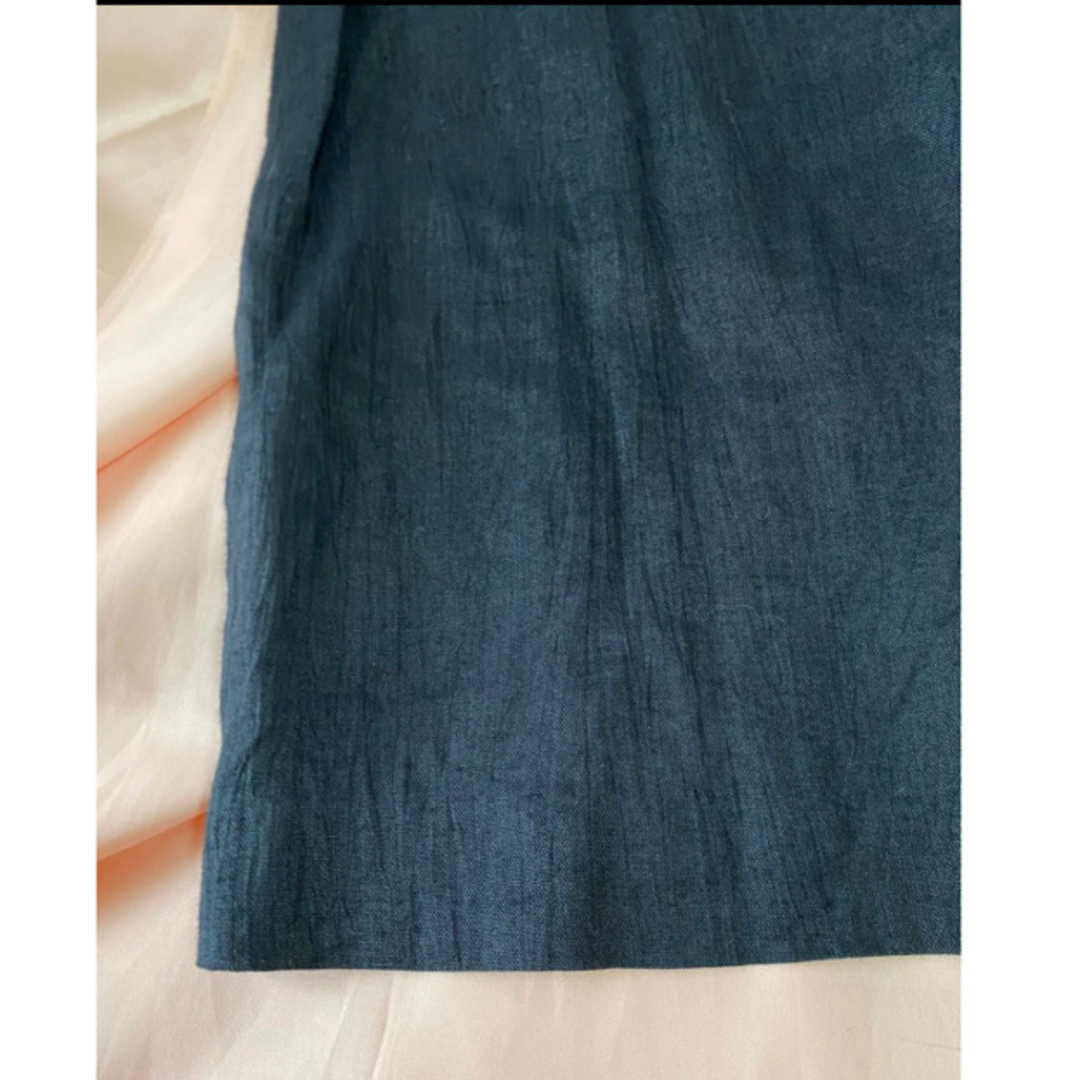 麻スカート　フレアスカート　濃紺　リネン　スカート　オフィス　ヒザ下丈　Mくらい レディースのスカート(ひざ丈スカート)の商品写真