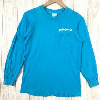 パタゴニア(patagonia)のMENs S パタゴニア 1980s ロングスリーブ バックロゴ ポケット Tシャツ Long Sleeve Back Logo Pocket T-Shirt HI-CRU by stedman アメリカ製 ビンテージ 入手困難 PATAGONIA Turquoise ブルー系(その他)