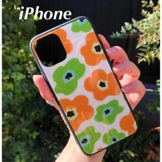 iPhone11/11proケース 強化ガラス北欧花柄オレンジ(iPhoneケース)