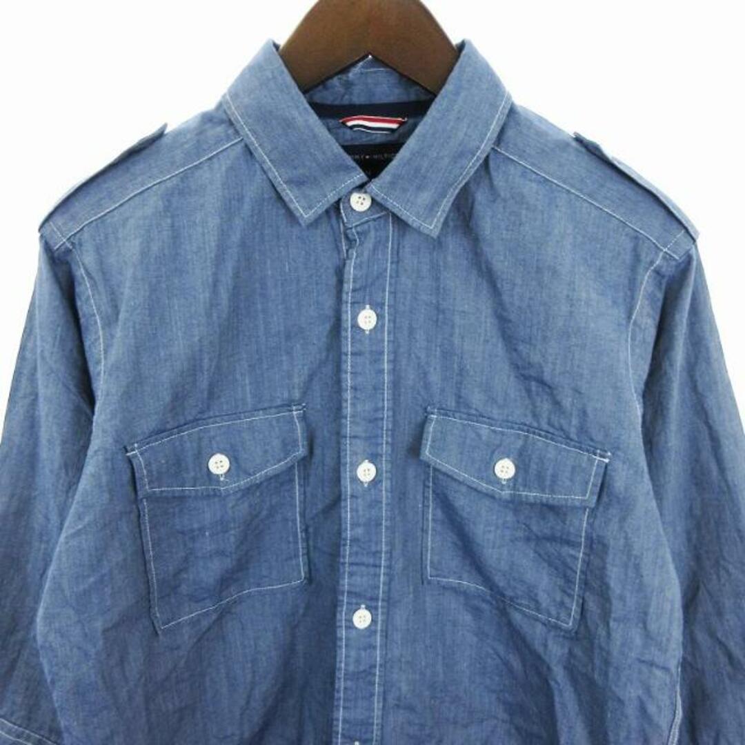 TOMMY HILFIGER(トミーヒルフィガー)のトミーヒルフィガー シャツ 七分袖 エポレット リネン混 ブルー M ■002 メンズのトップス(シャツ)の商品写真