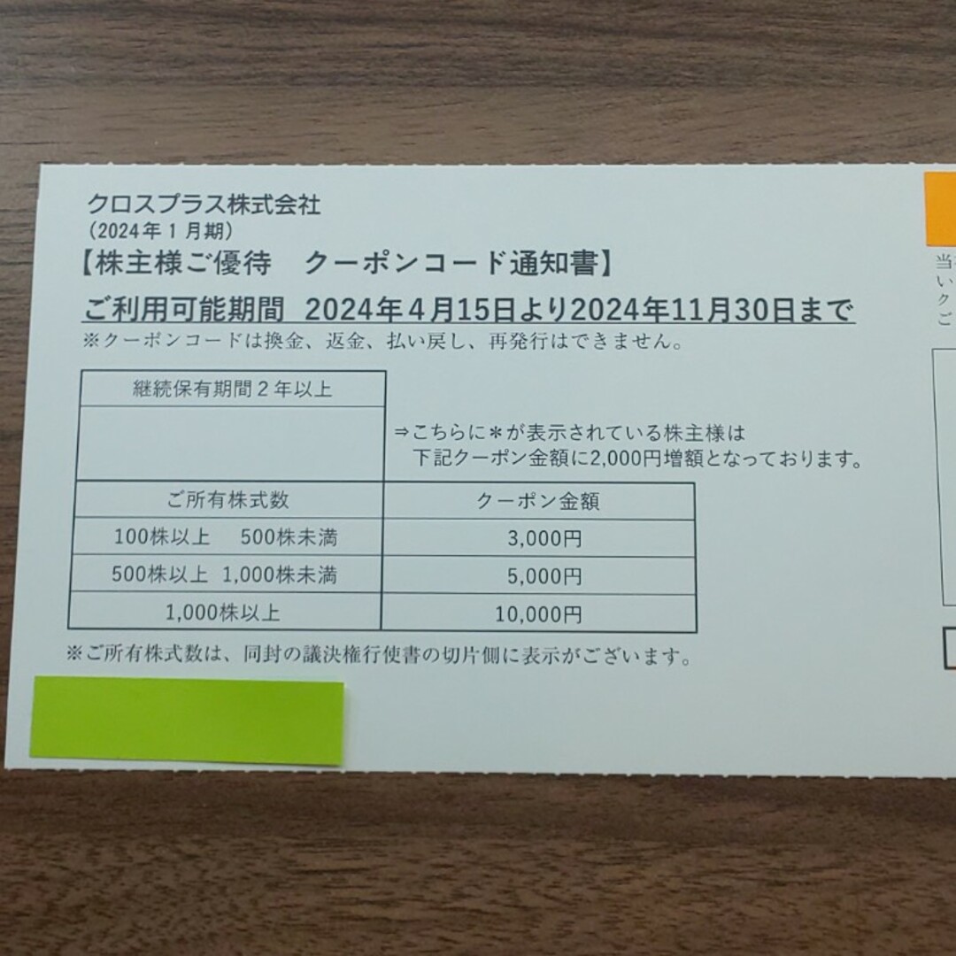 クロスプラス 株主優待 クーポン3,000円分 チケットの優待券/割引券(その他)の商品写真