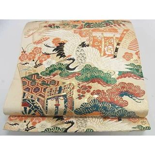 平和屋2■丸帯　扇面御所車飛鶴花文　金糸　逸品　DAAA2642ma(帯)