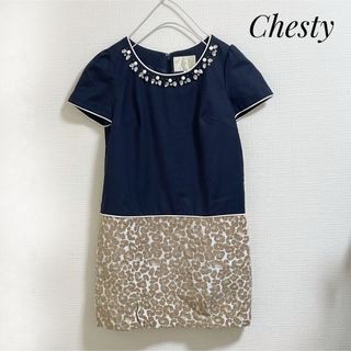 チェスティ(Chesty)のChesty ワンピース　紺　ビジュー　レオパード　S    ミニ(ミニワンピース)