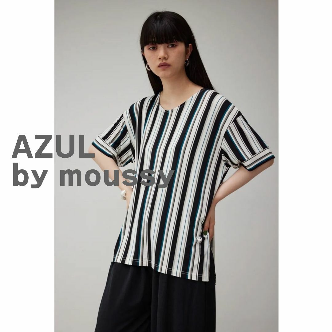 AZUL by moussy(アズールバイマウジー)のAZUL by moussy アズール　マウジー カットソー　ストライプ　半袖 レディースのトップス(カットソー(半袖/袖なし))の商品写真