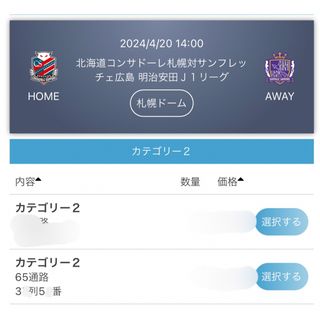 コンサドーレ札幌対サンフレッチェ広島　カテ2 端席　1枚
