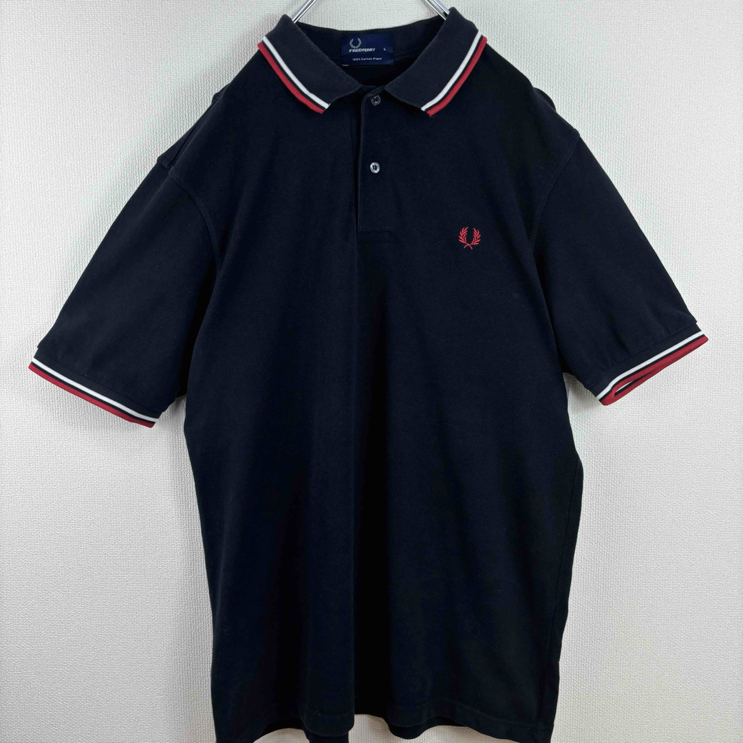 FRED PERRY(フレッドペリー)の人気　フレッドペリー　ポロシャツ　半袖　M12 L ネイビー　赤白　古着 メンズのトップス(ポロシャツ)の商品写真