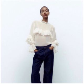 ザラ(ZARA)のZARA フリルトリム付きセミシースルーブラウス(シャツ/ブラウス(長袖/七分))