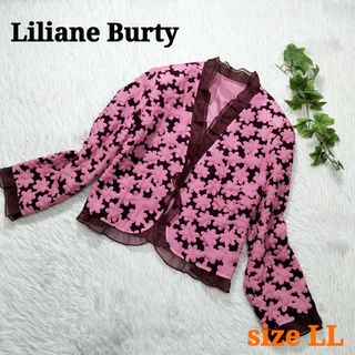 リリアンビューティ(Liliane Burty)のLiliane Burty ノーカラージャケット フリル 総柄 ピンク LL(ノーカラージャケット)