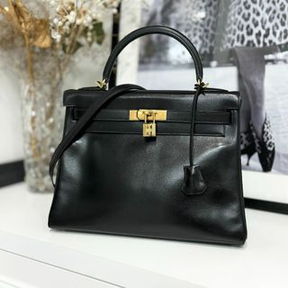 エルメス(Hermes)のHERMES エルメス ケリー32 ボックスカーフ ブラック 新型金具(ハンドバッグ)