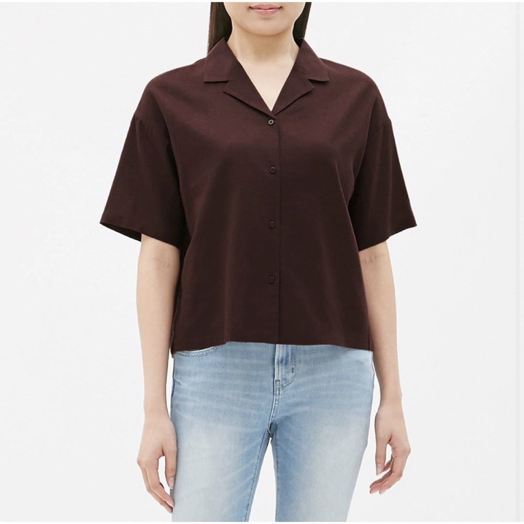 GU(ジーユー)のGU リネンブレンドオープンカラーシャツ(半袖)GN レディースのトップス(Tシャツ(半袖/袖なし))の商品写真