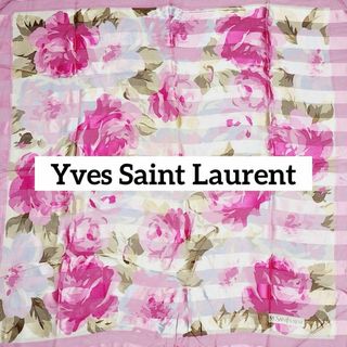 イヴサンローラン(Yves Saint Laurent)の★イヴサンローラン★ スカーフ 大判 シフォン 花 ボーダー ピンク(バンダナ/スカーフ)