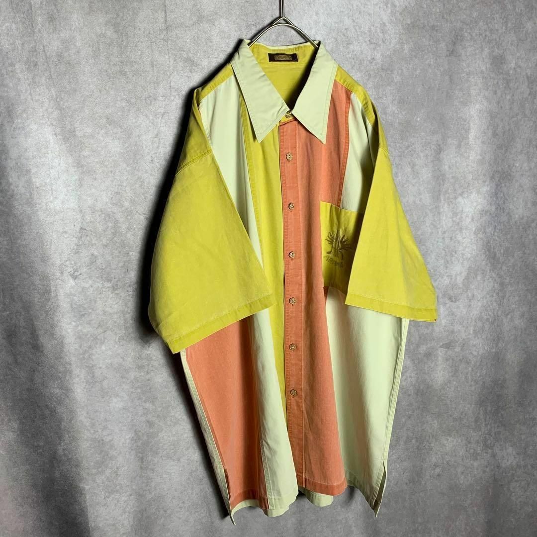 【半袖シャツ　刺繍　バイカラー　くすみカラー　白　黄　オレンジ　古着】 メンズのトップス(Tシャツ/カットソー(半袖/袖なし))の商品写真
