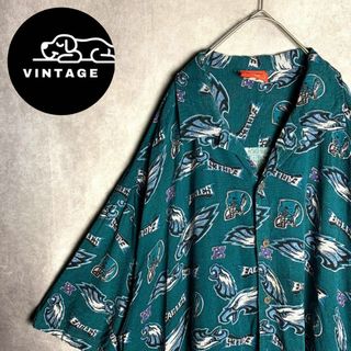 【半袖シャツ　オープンカラー　イーグルス　鷹　ゆるだぼ　ストリート　緑　古着】(Tシャツ/カットソー(半袖/袖なし))