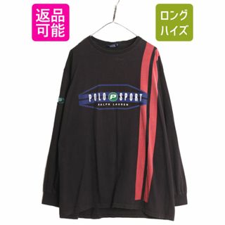 ラルフローレン(Ralph Lauren)の90s USA製 ポロスポーツ ラルフローレン プリント 長袖 Tシャツ メンズ XL オールド ポロ ロンT 大きいサイズ 黒 Pロゴ ワッペン ブラック(Tシャツ/カットソー(七分/長袖))