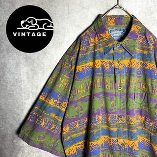 【半袖シャツ　アジアン　エスニック　タイダイ　幾何学　オレンジ　青　緑　古着】(Tシャツ/カットソー(半袖/袖なし))