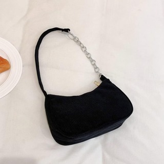 【残り1点】ハンドバッグ　黒　女性　シンプル　鞄　新品　コーデュロイ　チェーン(ハンドバッグ)