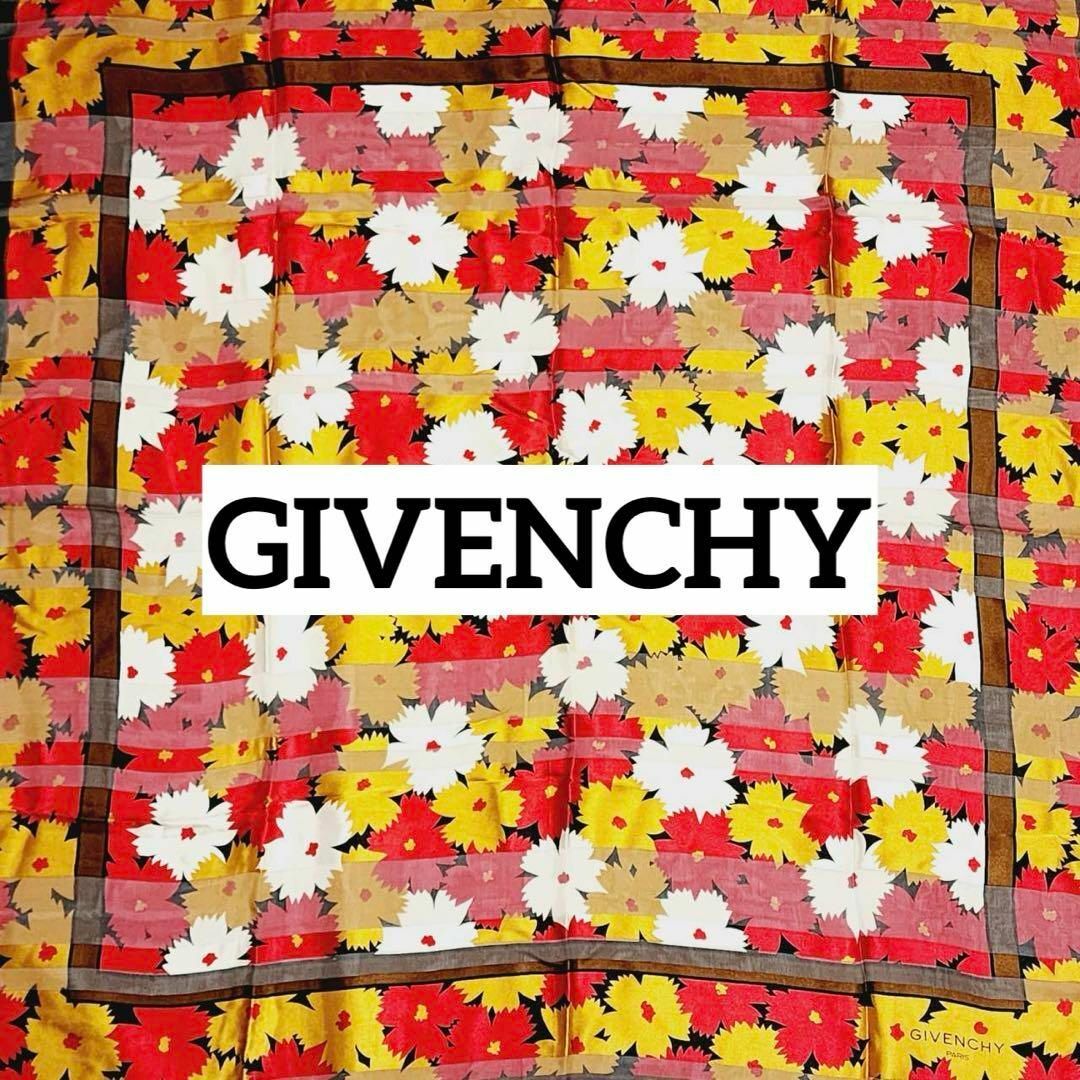 GIVENCHY(ジバンシィ)の★GIVENCHY★ スカーフ 大判 シフォン 花 ボーダー ブラック レッド レディースのファッション小物(バンダナ/スカーフ)の商品写真