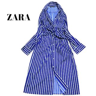 ザラ(ZARA)の美品　ZARA　シャツワンピース　ロングワンピース　ストライプ　長袖　コットン(ロングワンピース/マキシワンピース)