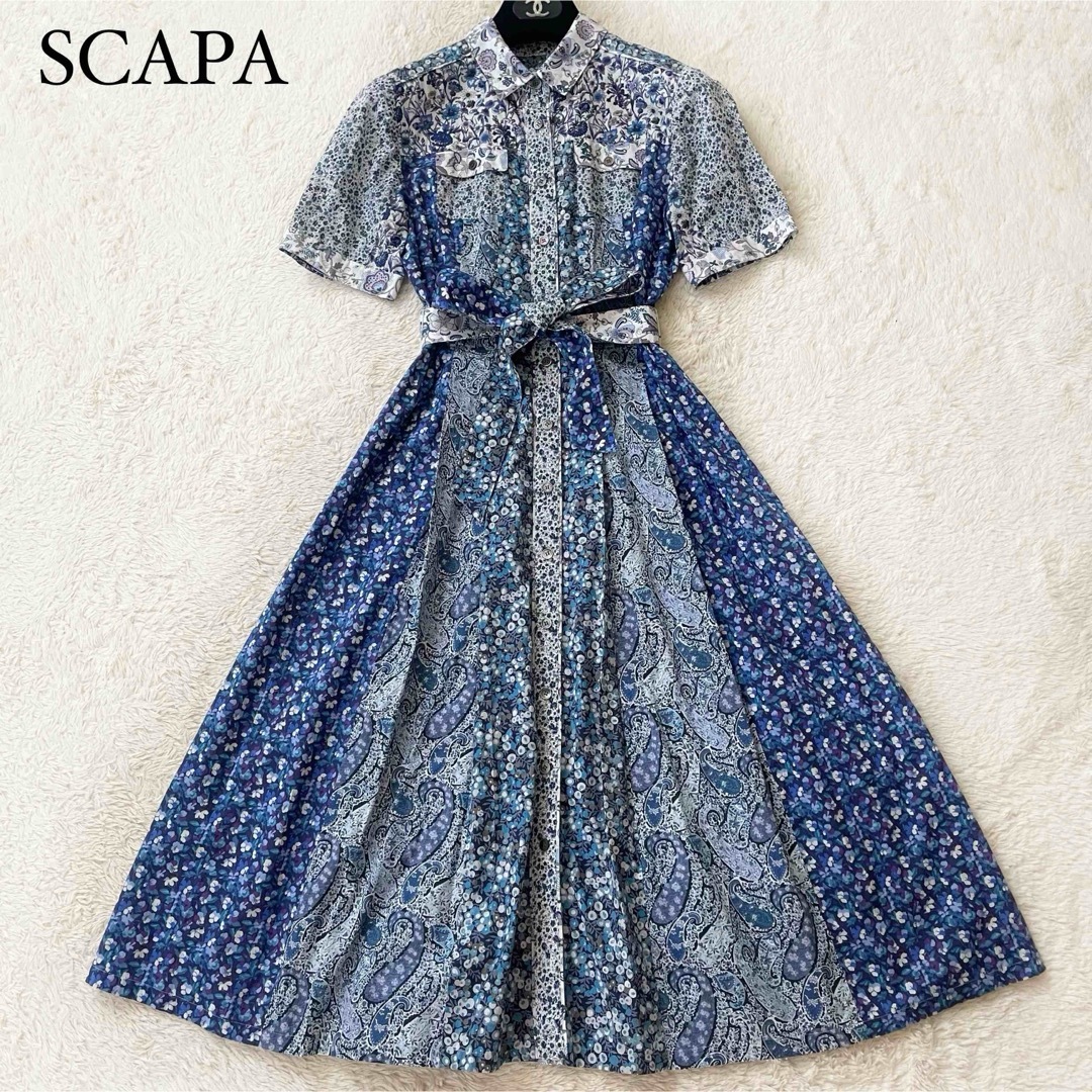 SCAPA(スキャパ)の美品　スキャパ　ロングシャツワンピース　リボンベルト　パッチワーク　花柄 レディースのワンピース(ロングワンピース/マキシワンピース)の商品写真