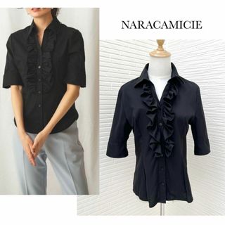 ナラカミーチェ(NARACAMICIE)のナラカミーチェ＊襟付フリルオックス半袖シャツ　ブラウス　黒　ブラック　サイズⅡ(シャツ/ブラウス(半袖/袖なし))