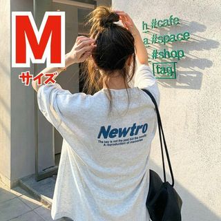 半袖 Tシャツ レディース  カジュアル ロゴ袖丈長め カットソー  グレー M(Tシャツ(半袖/袖なし))