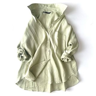 ザラ(ZARA)のザラ　ZARA  リネン100%   オーバサイズ　ワイドシャツ　L  グリーン(シャツ/ブラウス(長袖/七分))