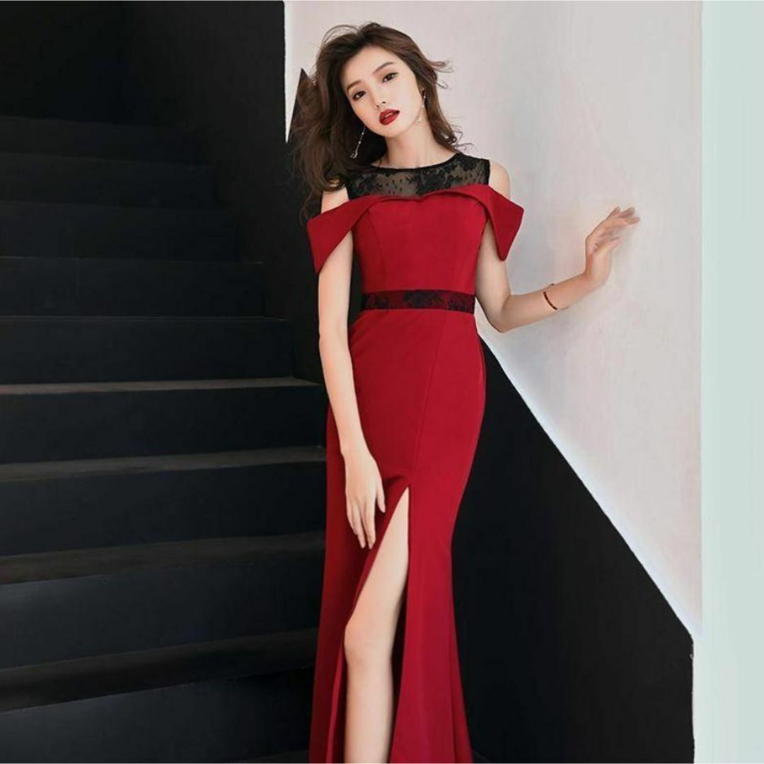 28ロングドレスワンピースキャバドレススリット結婚式人気セクシーブラック赤 S レディースのフォーマル/ドレス(その他ドレス)の商品写真