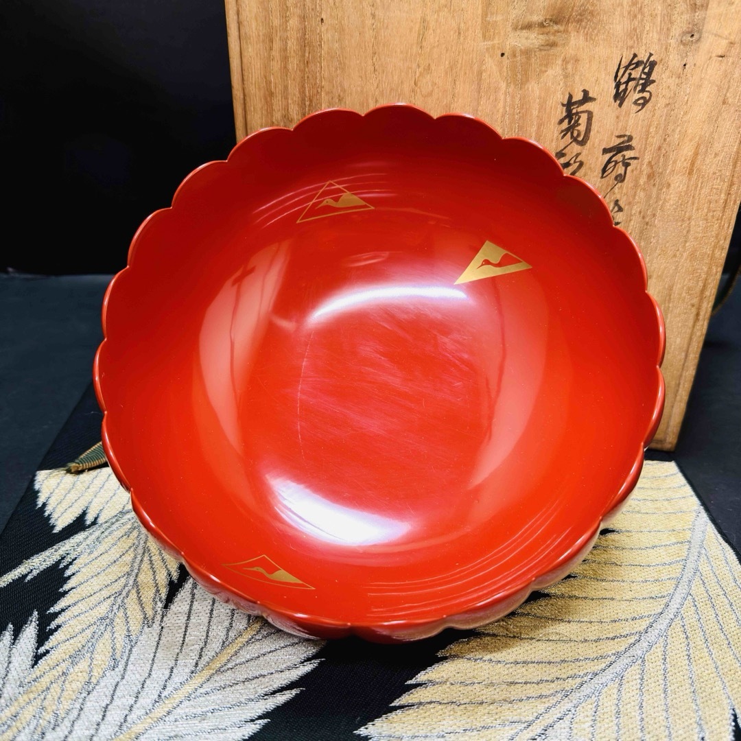 木製　漆器　鶴蒔絵菊形菓子鉢　1客　共箱 エンタメ/ホビーの美術品/アンティーク(漆芸)の商品写真